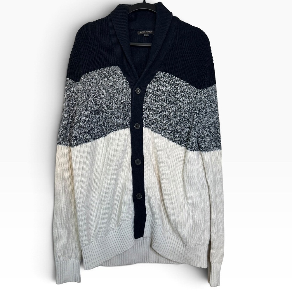 Banana Republic Mens XL Shawl Collar Cardigan Colorblock Blue Grey Cotton Modern